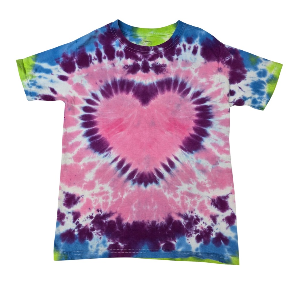Fruit of the Loom Kids Tie Dye Heart T-Shirt Pink Purple Lime Green Size M 8